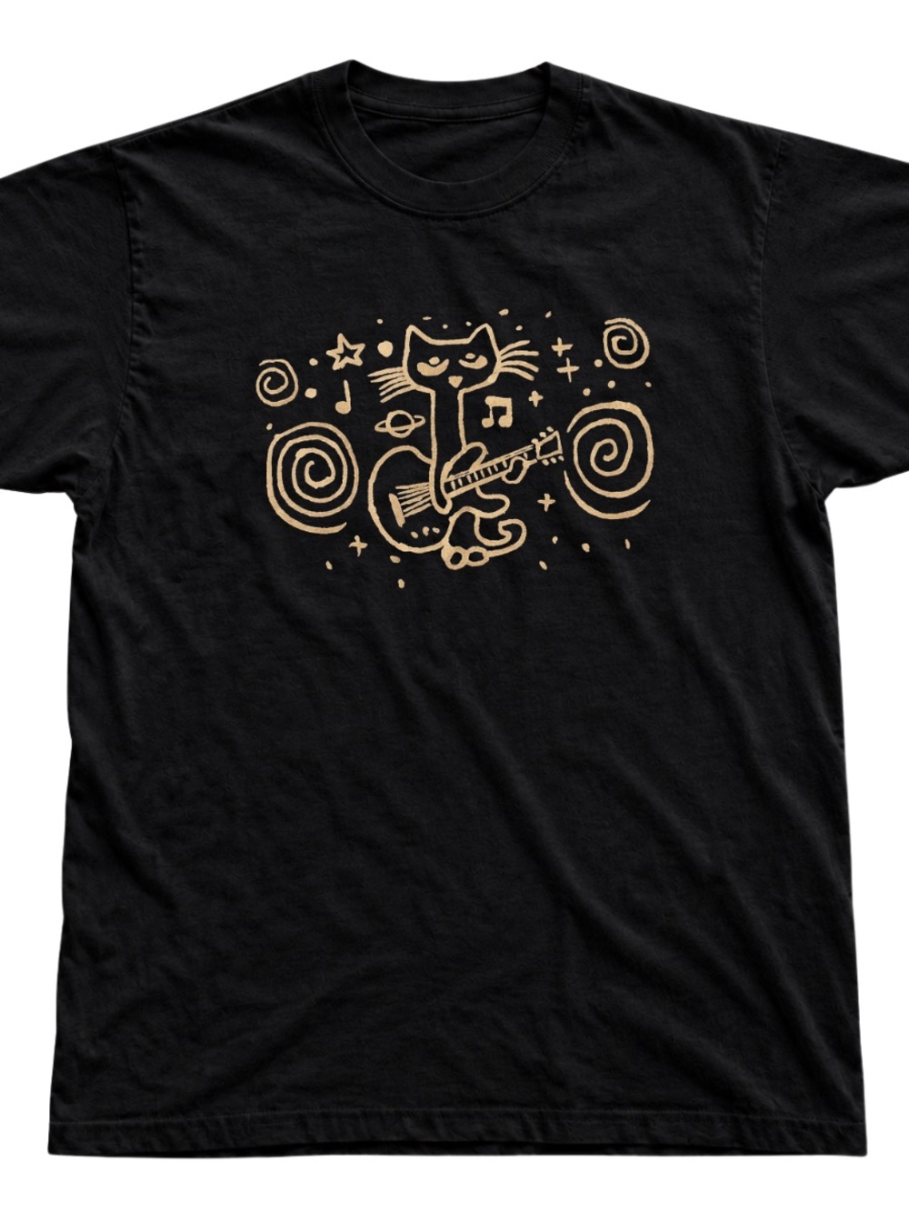 Gildan Black T-Shirt with Gold Cat Guitar Graphic